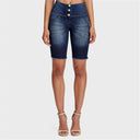 WRUP Denim - High Waisted - 3 Button Biker Shorts - Dark Blue + Yellow Stitching