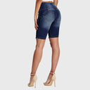 WRUP Denim - High Waisted - 3 Button Biker Shorts - Dark Blue + Yellow Stitching