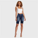 WRUP Denim - High Waisted - 3 Button Biker Shorts - Dark Blue + Yellow Stitching