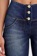 WRUP Denim - High Waisted - 3 Button Biker Shorts - Dark Blue + Yellow Stitching