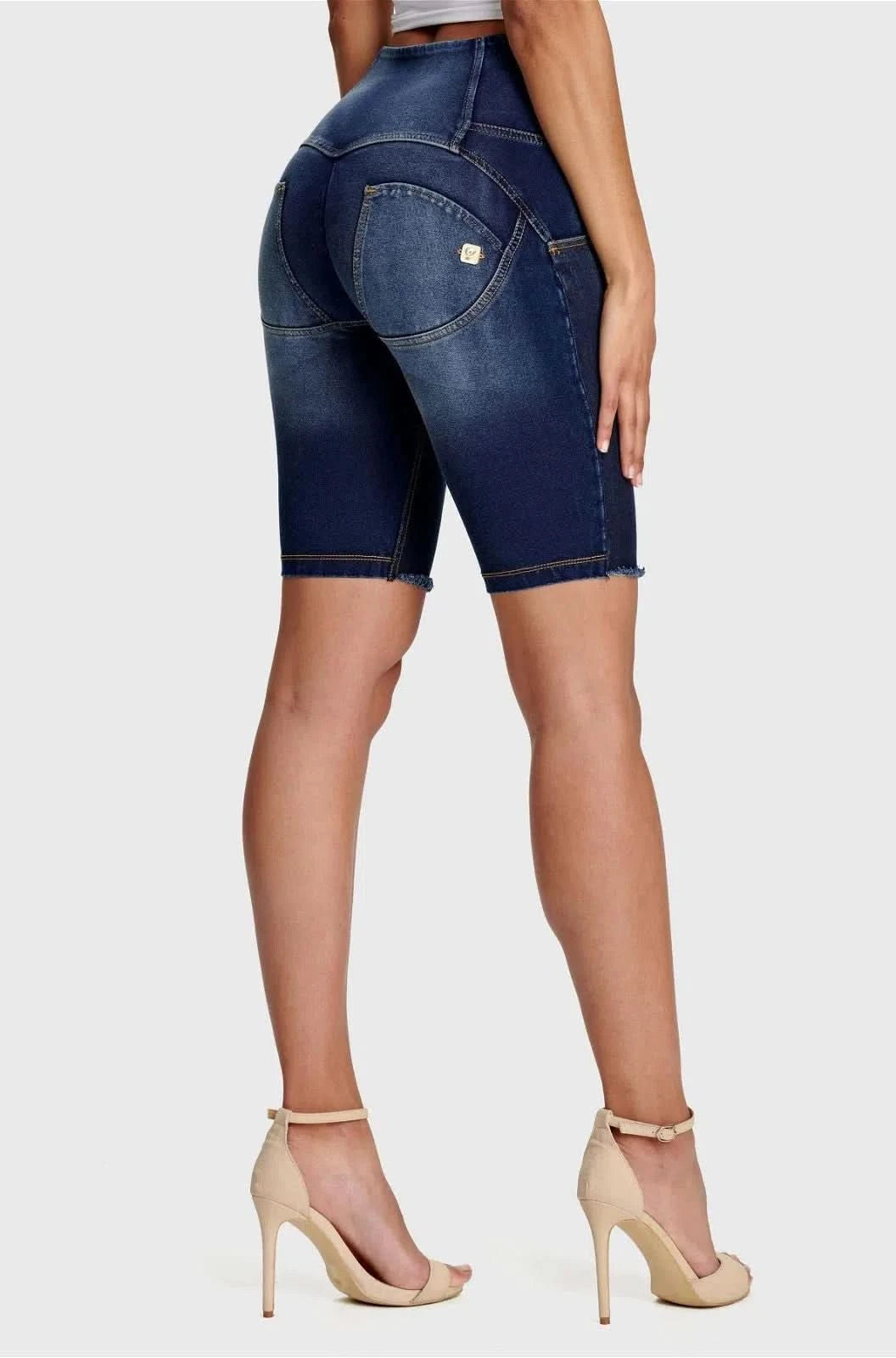 WR.UP® Denim - High Waisted - 3 Button Biker Shorts - Dark Blue + Yellow Stitching