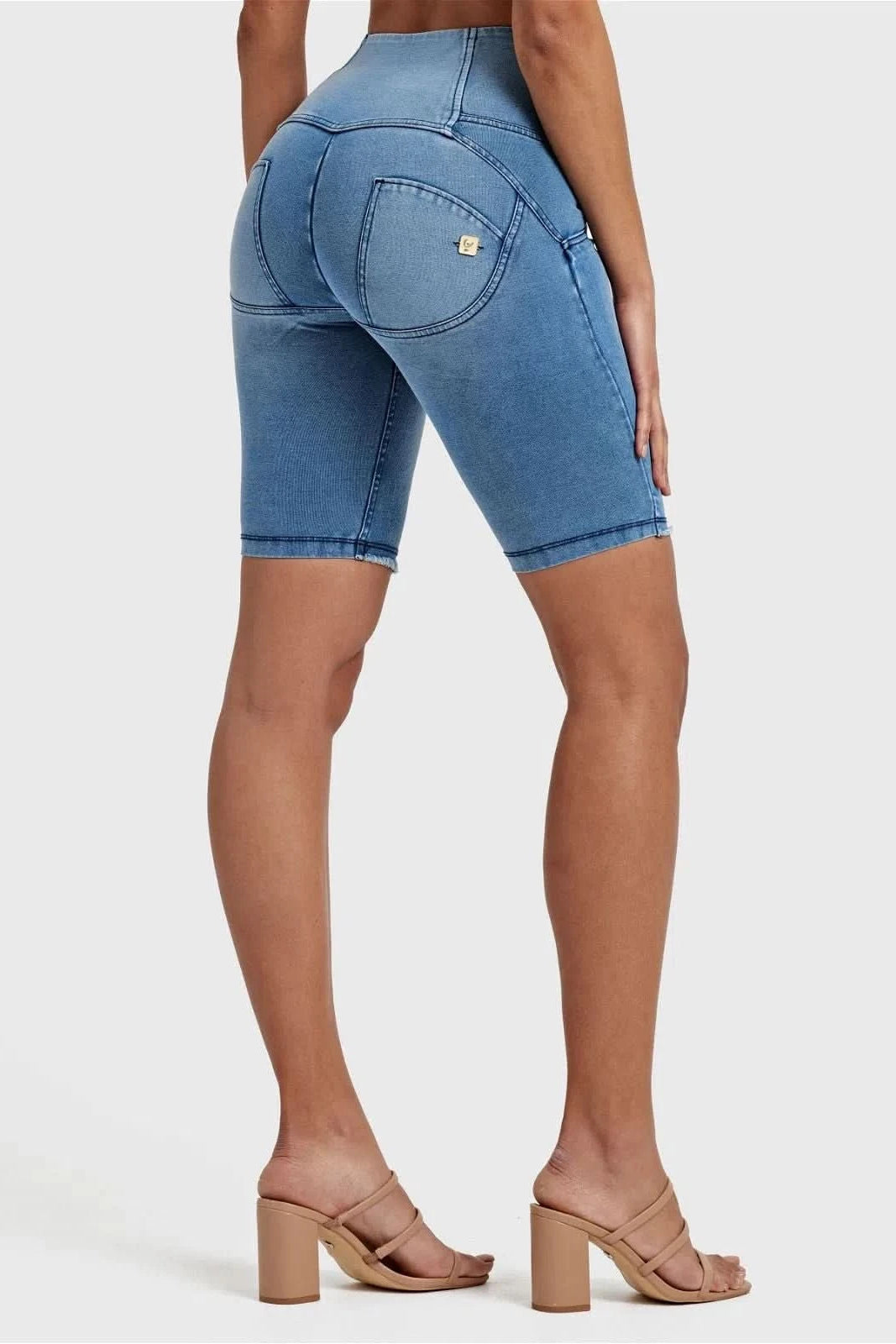 WR.UP® Denim - High Waisted - 3 Button Biker Shorts - Light Blue + Blue Stitching 2