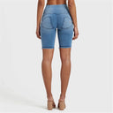 WRUP Denim - High Waisted - 3 Button Biker Shorts - Light Blue + Blue Stitching