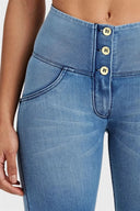 WRUP Denim - High Waisted - 3 Button Biker Shorts - Light Blue + Blue Stitching