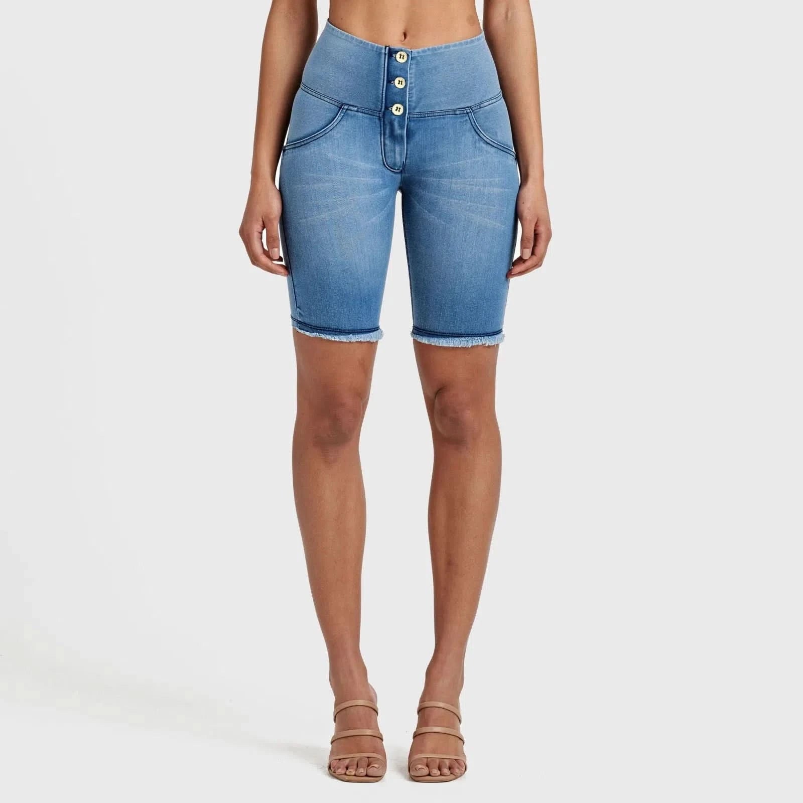 WRUP Denim High Waisted 3 Button Biker Shorts Light Blue + Blue Stitching