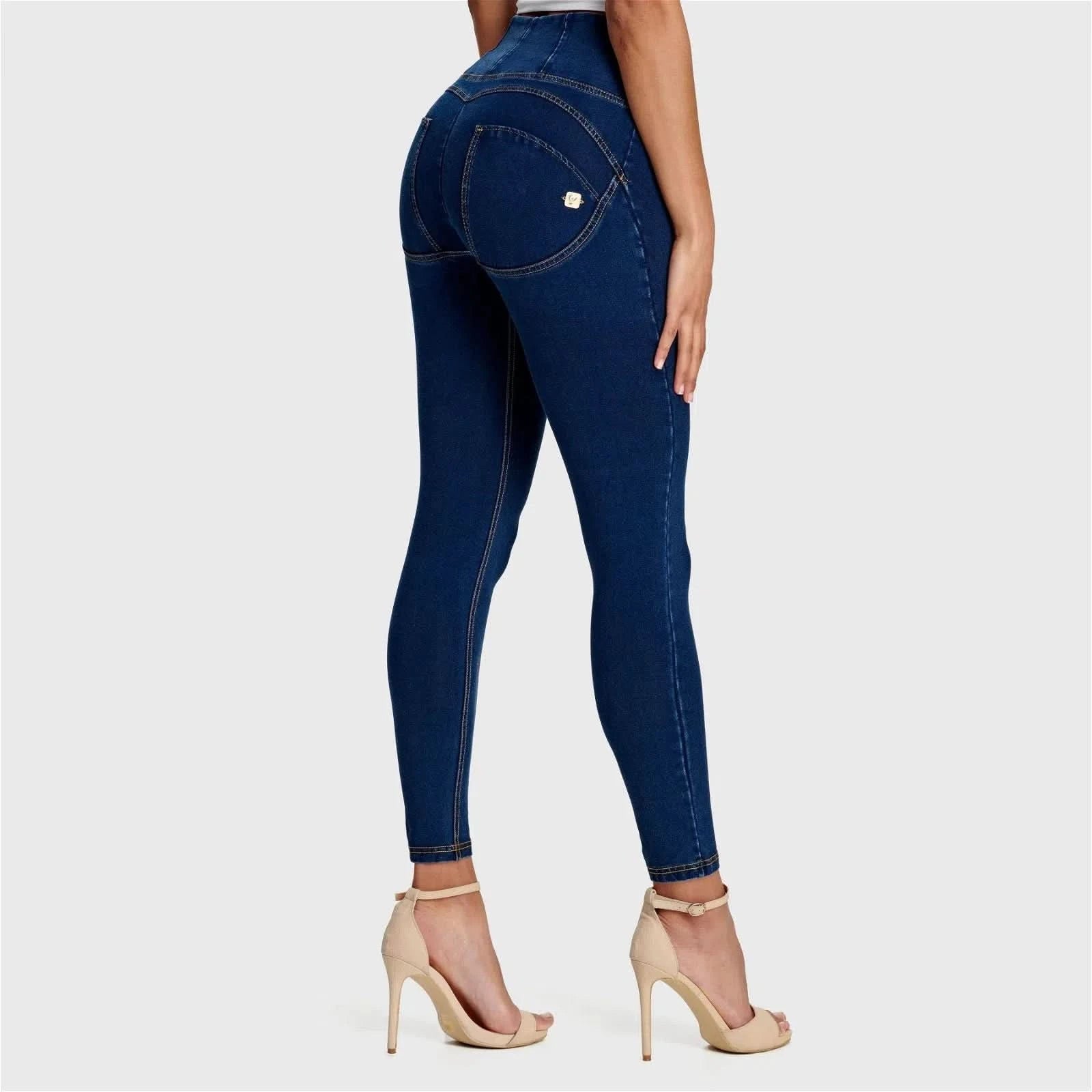 WRUP Denim High Waisted 7 8 Length Dark Blue + Yellow Stitching