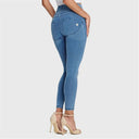 WRUP Denim - High Waisted - 7/8 Length - Light Blue + Blue Stitching