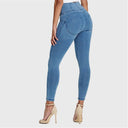 WRUP Denim - High Waisted - 7/8 Length - Light Blue + Blue Stitching