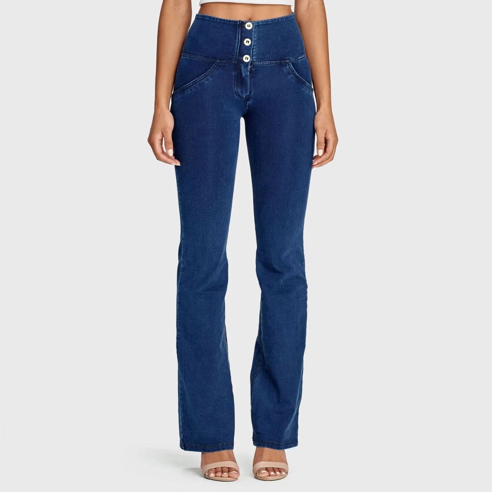 WR.UP® Denim - High Waisted - Bell Bottom Flare - Dark Blue + Blue Stitching 2