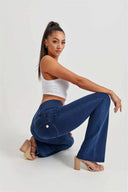 WRUP Denim - High Waisted - Bell Bottom Flare - Dark Blue + Blue Stitching