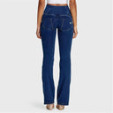 WRUP Denim - High Waisted - Bell Bottom Flare - Dark Blue + Yellow Stitching