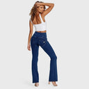 WRUP Denim - High Waisted - Bell Bottom Flare - Dark Blue + Yellow Stitching