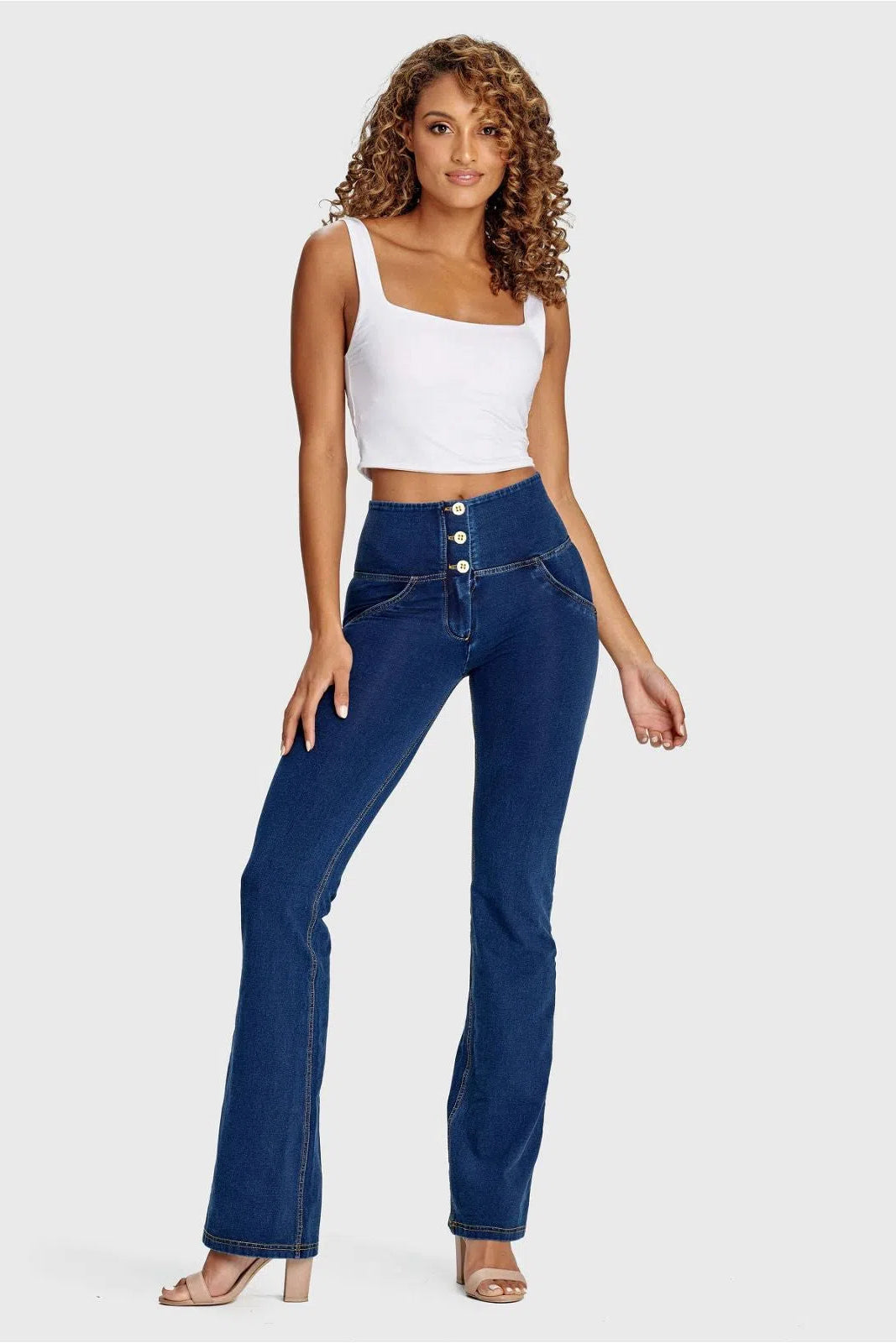 WR.UP® Denim - High Waisted - Bell Bottom Flare - Dark Blue + Yellow Stitching 3