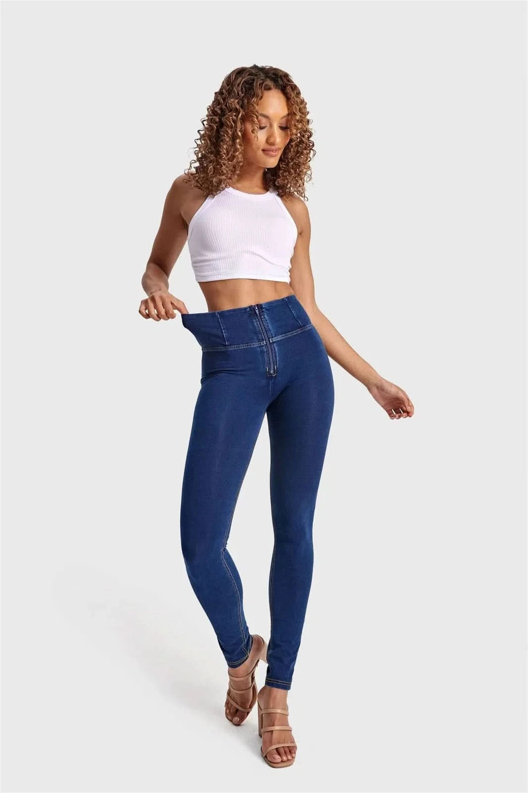 WRUP Denim - High Waisted - Full Length - Dark Blue + Yellow Stitching 2