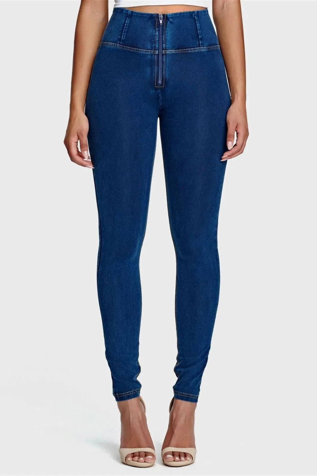 WRUP Denim - High Waisted - Full Length - Dark Blue + Yellow Stitching 3