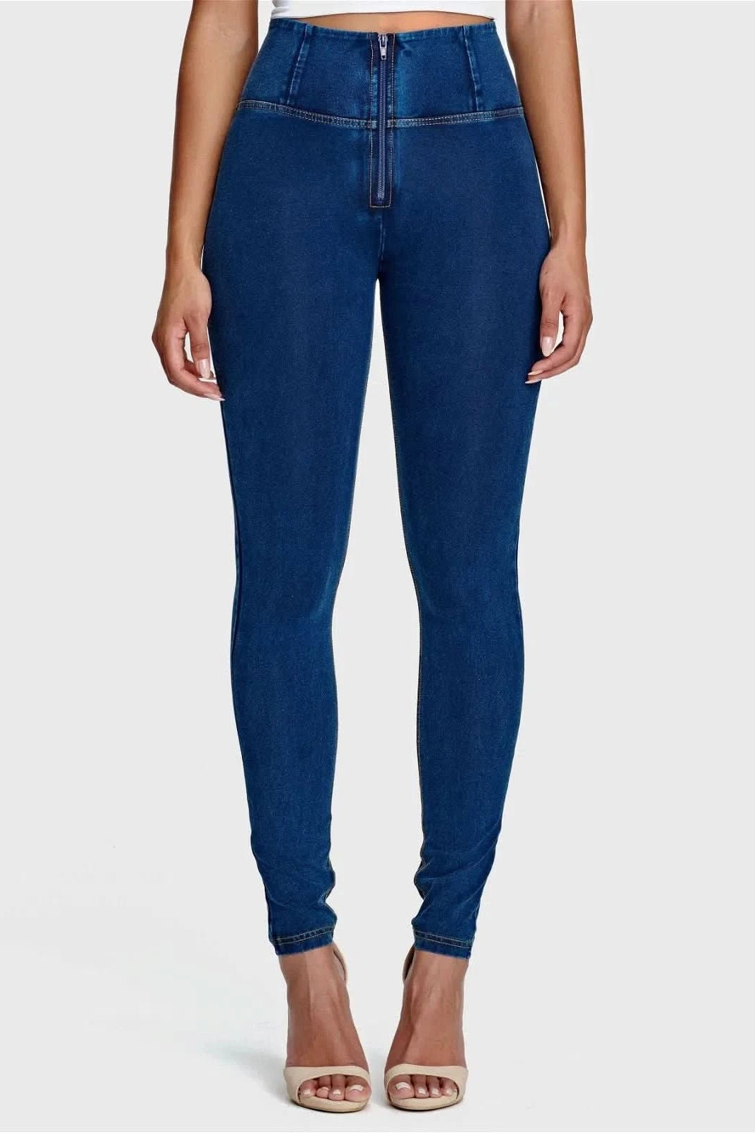 WRUP Denim - High Waisted - Full Length - Dark Blue + Yellow Stitching 3