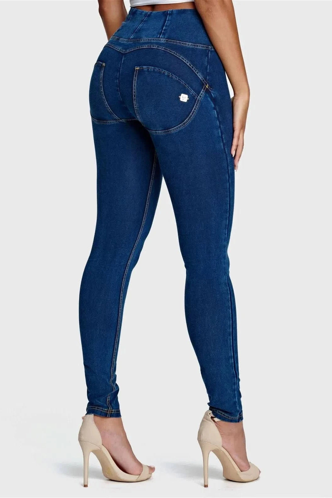 WRUP Denim - High Waisted - Full Length - Dark Blue + Yellow Stitching 2