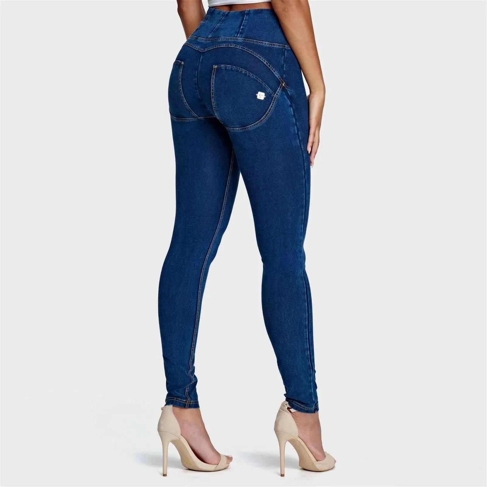 WR.UP® Denim - High Waisted - Full Length - Dark Blue + Yellow Stitching 1