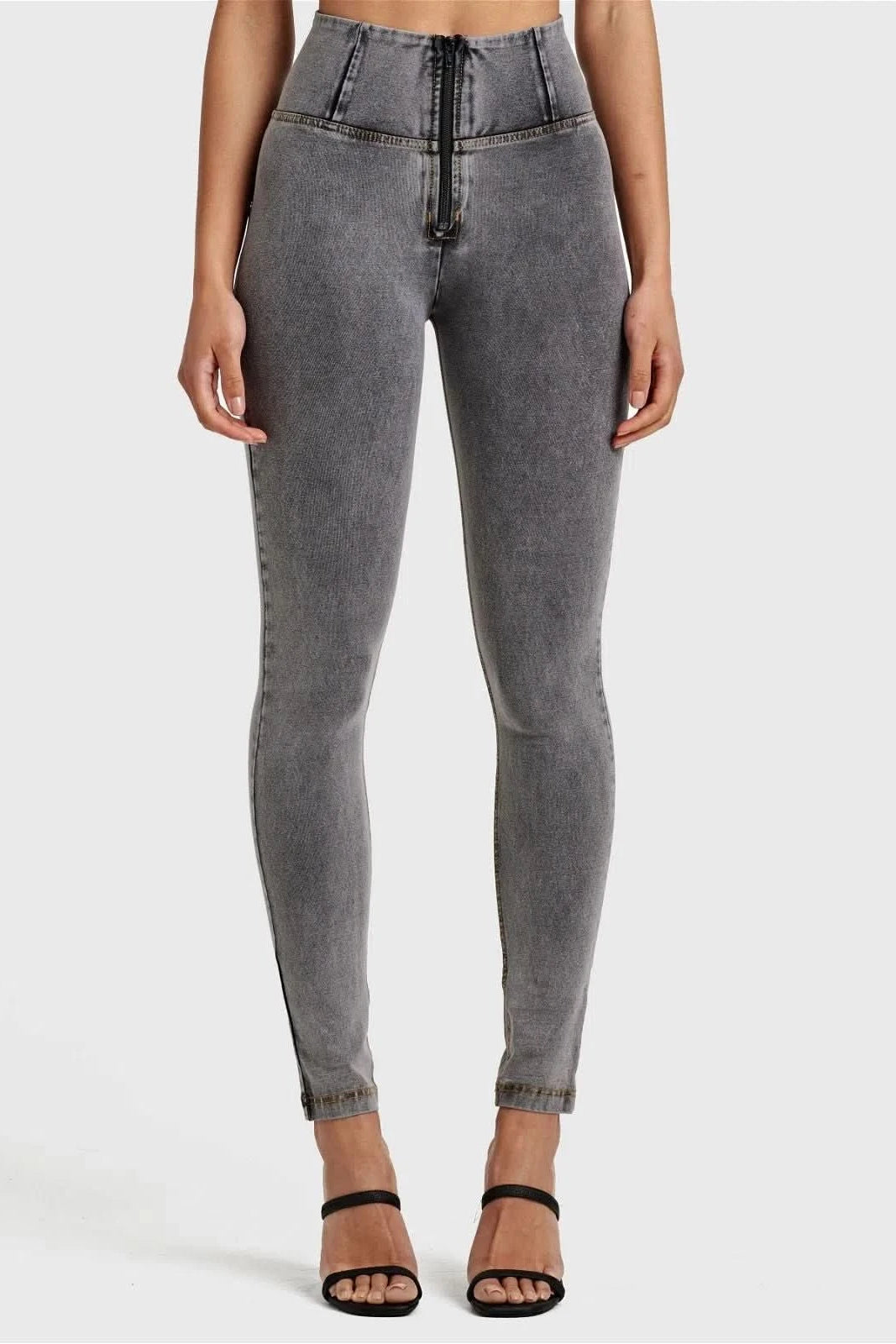 WRUP Denim - High Waisted - Full Length - Grey + Yellow Stitching 2
