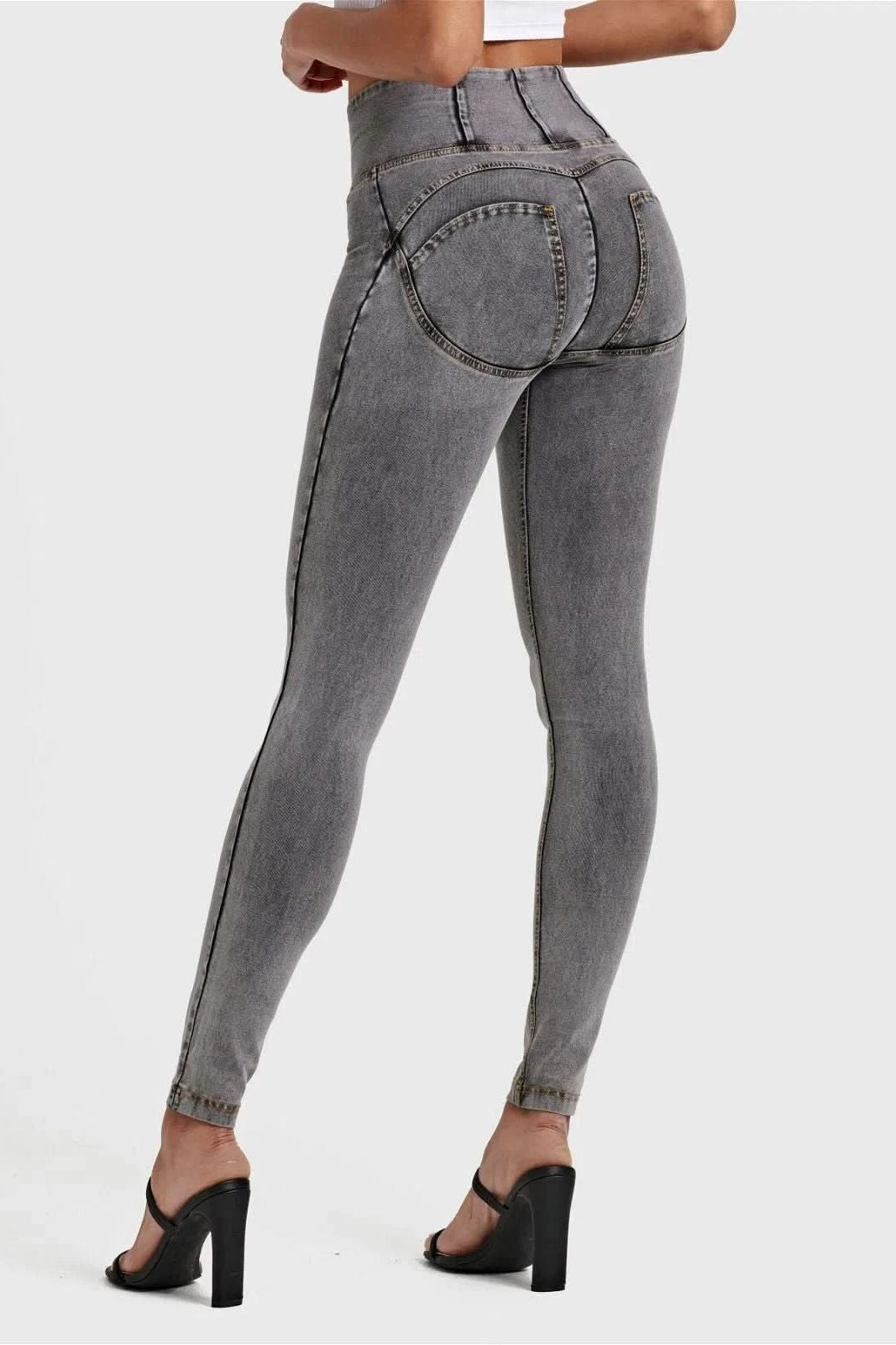WRUP Denim - High Waisted - Full Length - Grey + Yellow Stitching 3