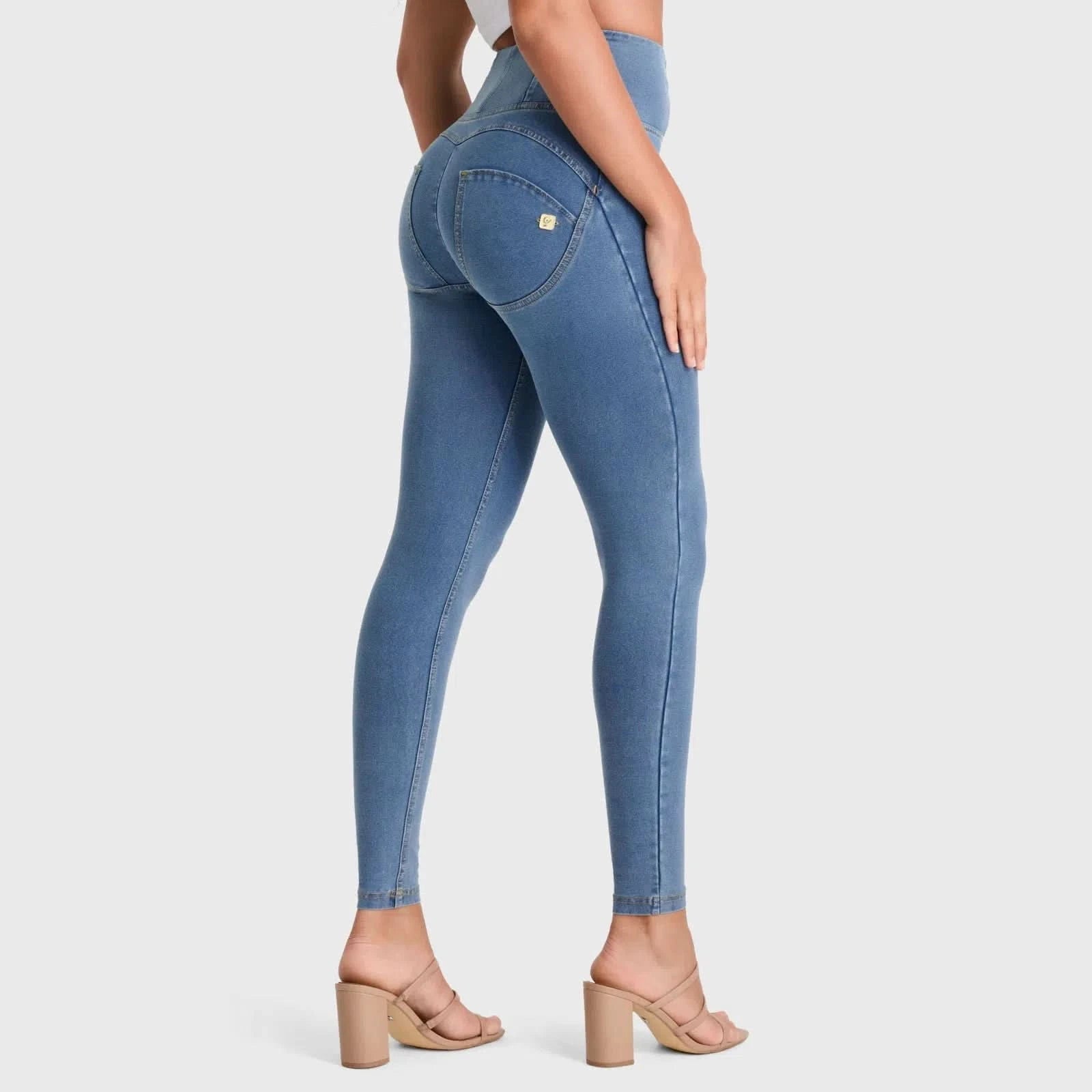 WRUP Denim High Waisted Full Length Light Blue + Yellow Stitching