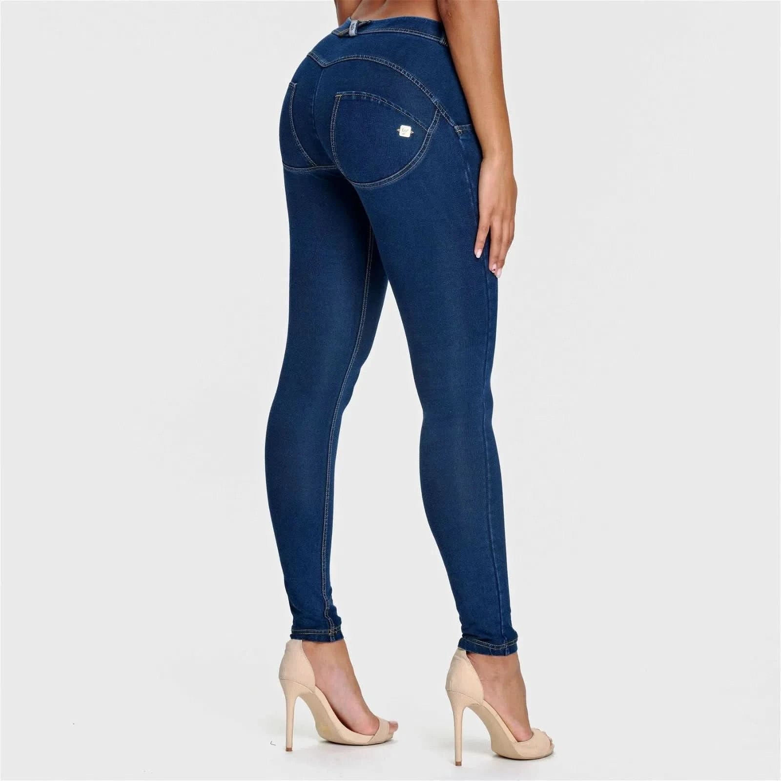 WRUP Denim Mid Rise Full Length Dark Blue + Yellow Stitching