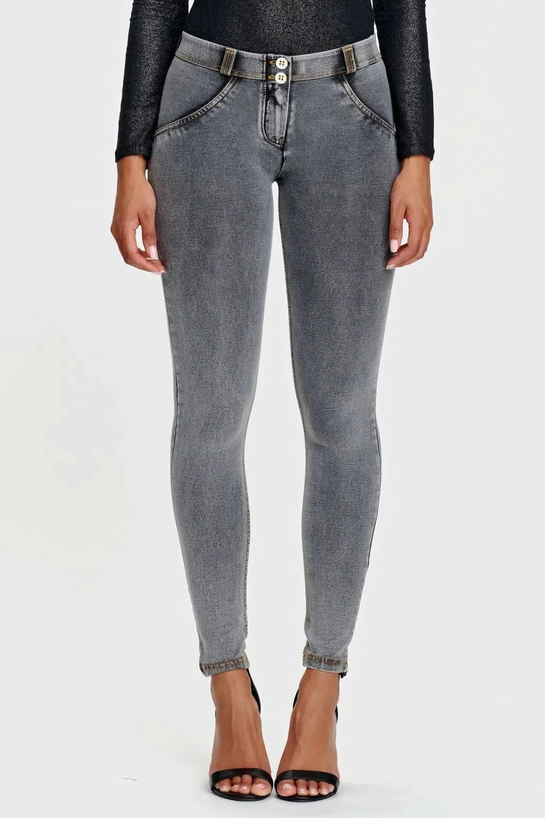 WRUP Denim - Mid Rise - Full Length - Grey + Yellow Stitching 2