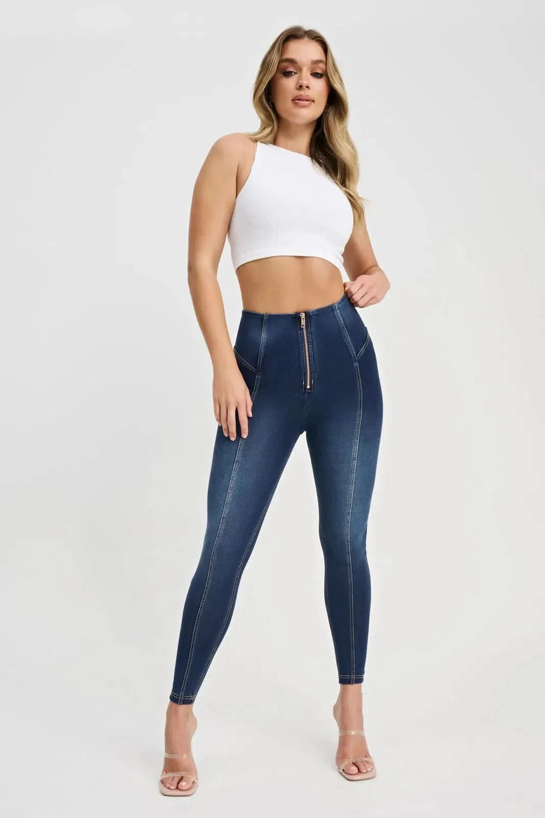 WRUP Denim Feature Seam High Waisted 7 8 Length Dark Blue + Beige Stitching