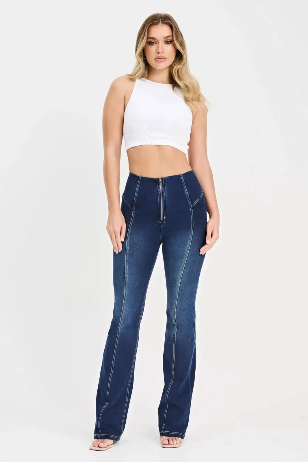 WR.UP® Denim with Feature Seam - High Waisted - Bell Bottom Flare - Dark Blue + Beige Stitching 3