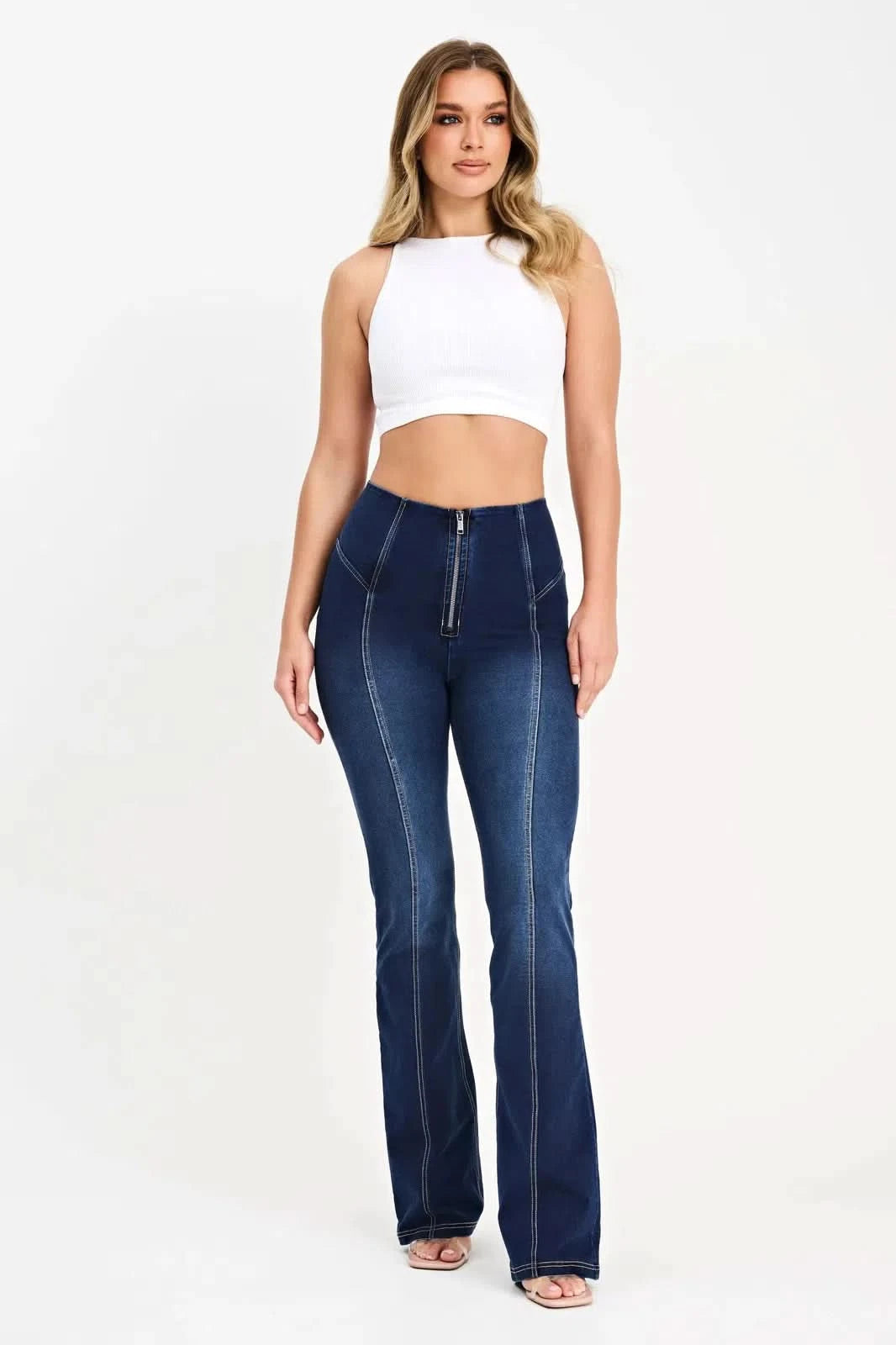 WRUP Denim Feature Seam High Waisted Bell Bottom Flare Dark Blue + Beige Stitching