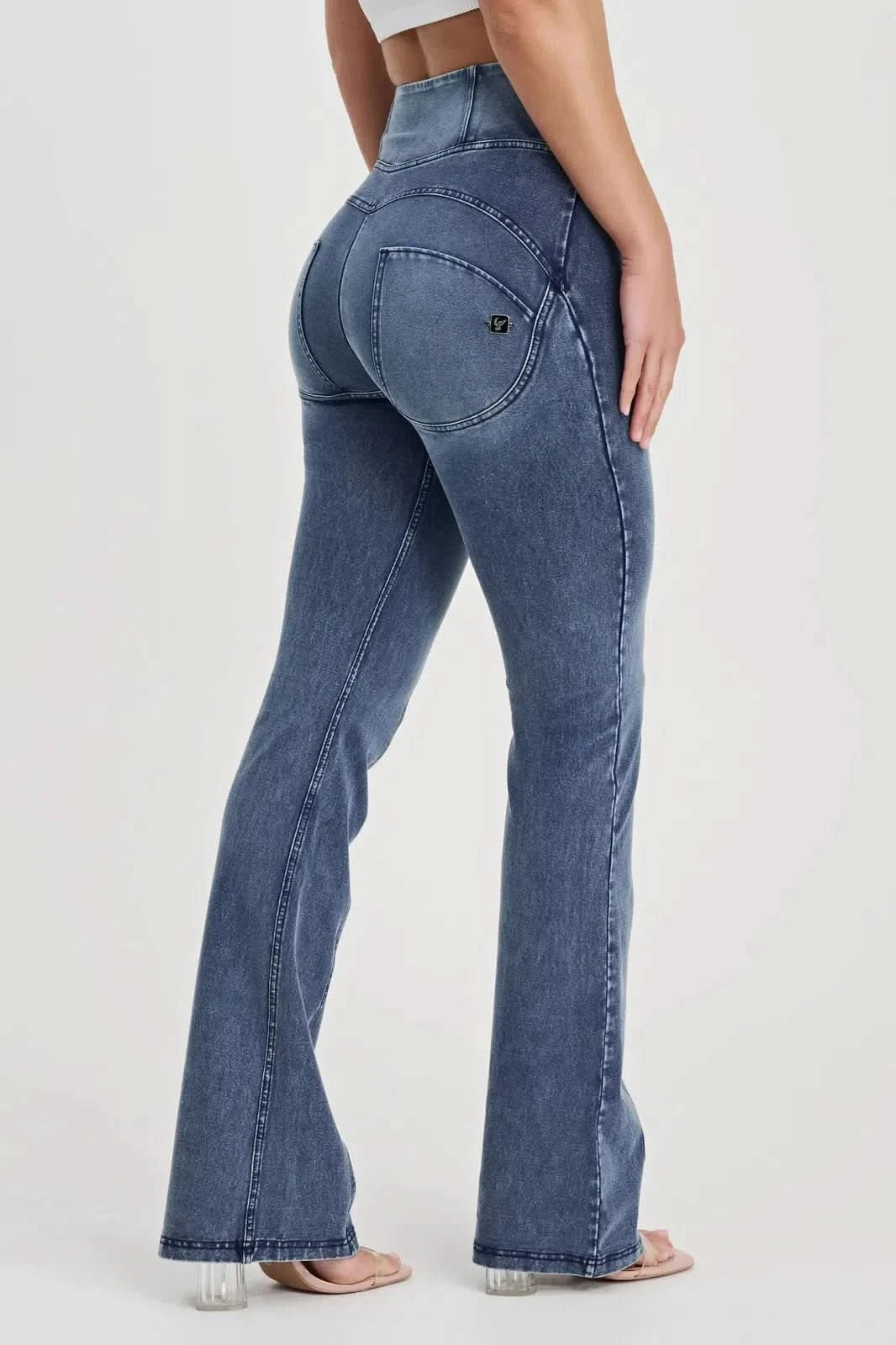 WRUP Denim Feature Seam High Waisted Bell Bottom Flare Vintage + Stitching