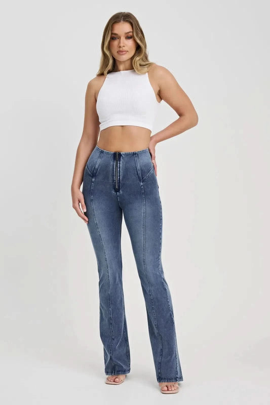 WRUP Denim with Feature Seam - High Waisted - Bell Bottom Flare - Vintage Blue + Blue Stitching