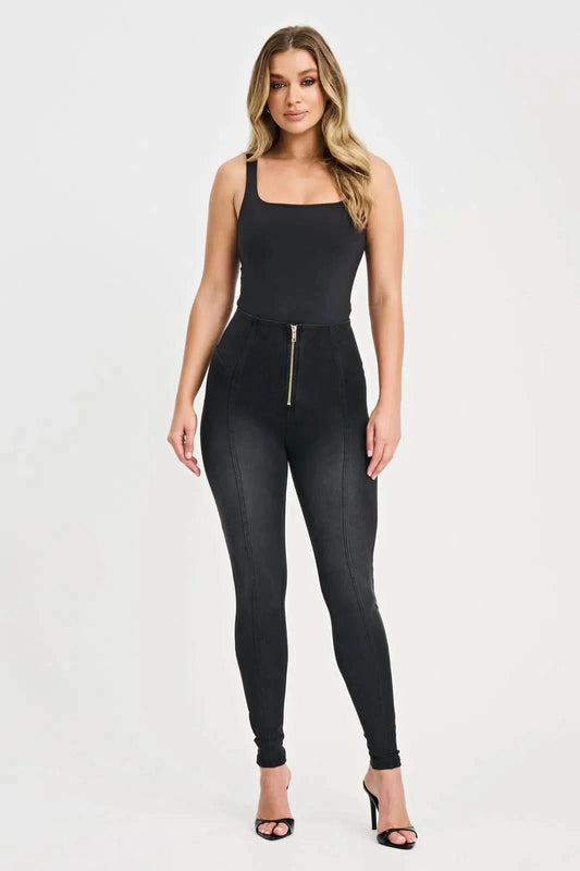 WRUP Denim with Feature Seam - High Waisted - Full Length - Black + Black Stitching