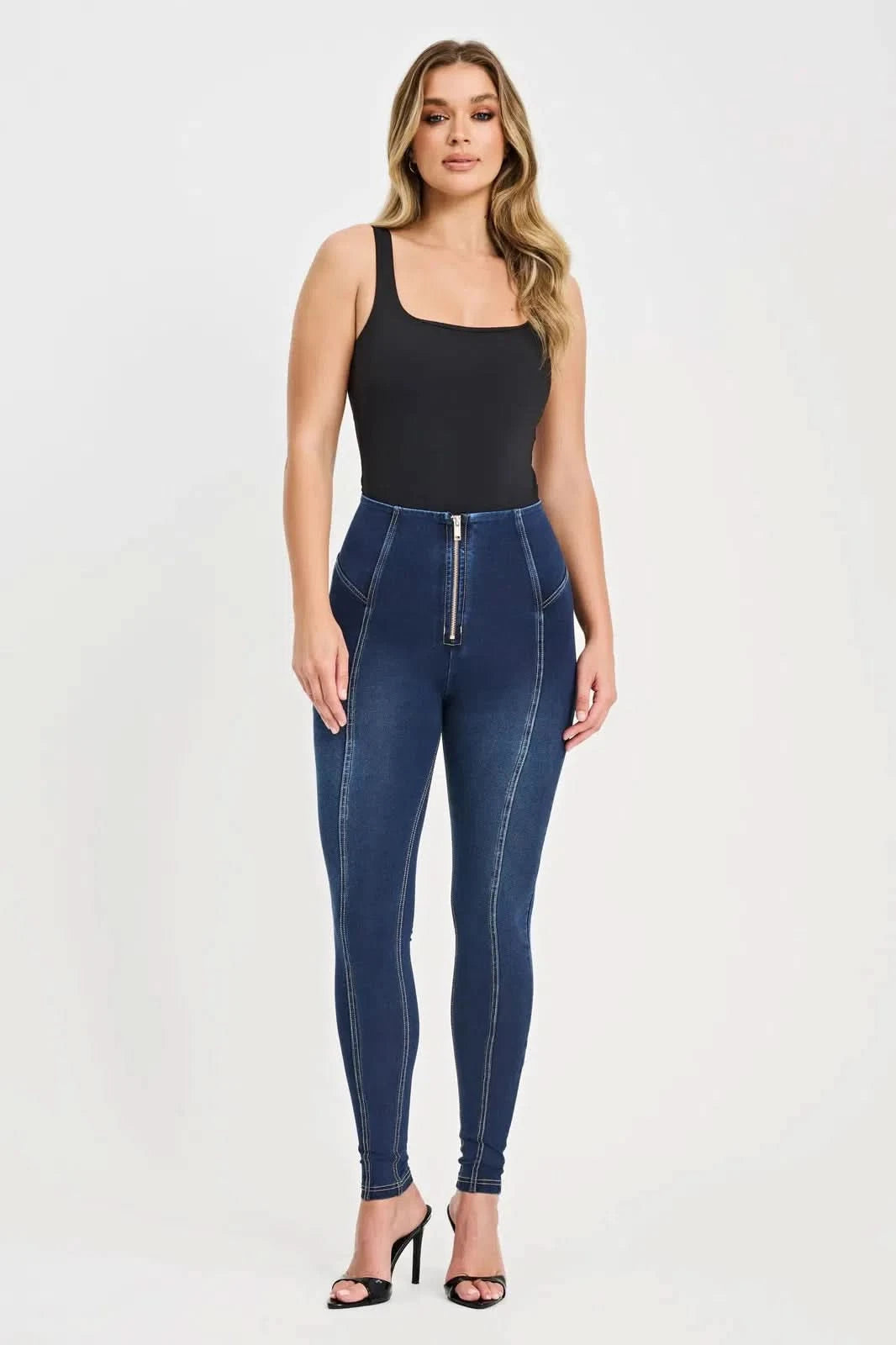WRUP Denim Feature Seam High Waisted Full Length Dark Blue + Beige Stitching