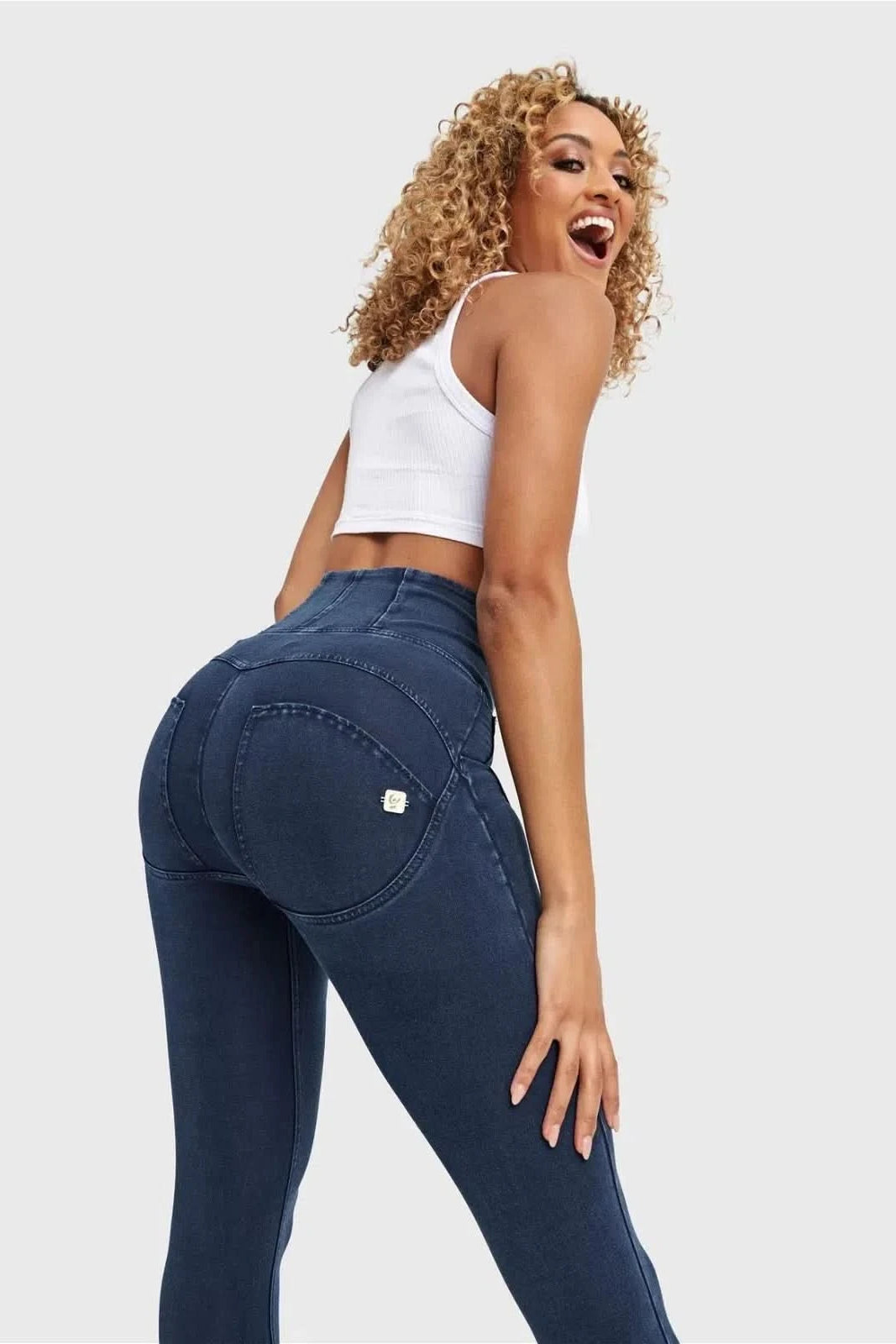 WR.UP® Denim With Front Pockets - Super High Waisted - 7/8 Length - Dark Blue + Blue Stitching 3