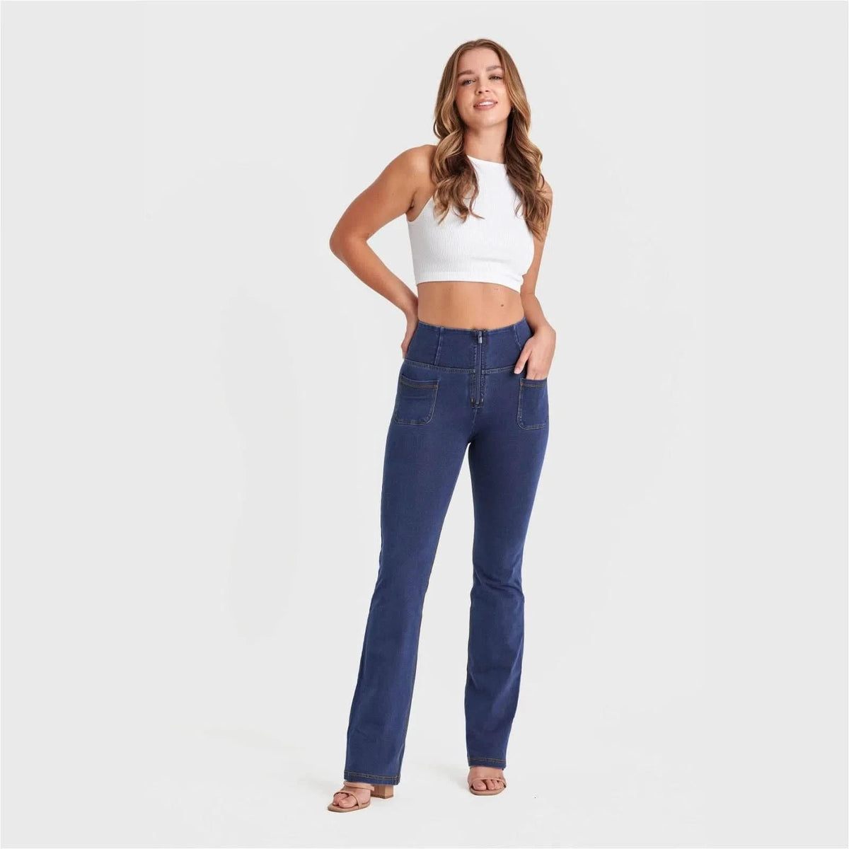 WRUP Denim with Front Pockets - Super High Waisted - Flare - Dark Blue + Yellow Stitching