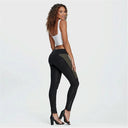 WRUP Denim with Green Panels - 3 Button Mid Rise - Full Length - Black Denim + Black Stitching