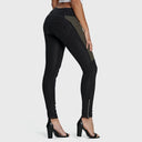 WRUP Denim with Green Panels - 3 Button Mid Rise - Full Length - Black Denim + Black Stitching