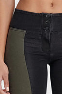 WRUP Denim with Green Panels - 3 Button Mid Rise - Full Length - Black Denim + Black Stitching