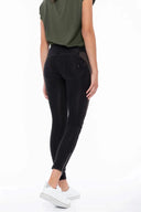 WRUP Denim with Green Panels - 3 Button Mid Rise - Full Length - Black Denim + Black Stitching