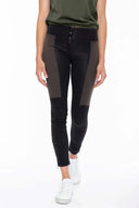 WRUP Denim with Green Panels - 3 Button Mid Rise - Full Length - Black Denim + Black Stitching