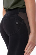 WRUP Denim with Green Panels - 3 Button Mid Rise - Full Length - Black Denim + Black Stitching