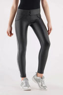 WRUP Faux Leather with Rhinestones - 3 Button Mid Waist - Full Length - Black
