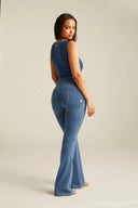 WRUP Front Pocket Denim - High Waisted - Flare - Light Blue + Beige Stitching