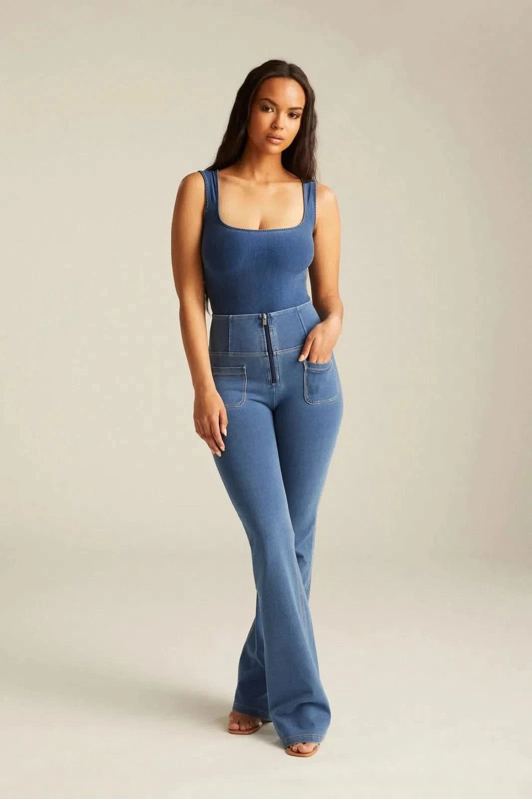 WRUP Front Pocket Denim - High Waisted - Flare - Light Blue + Beige Stitching