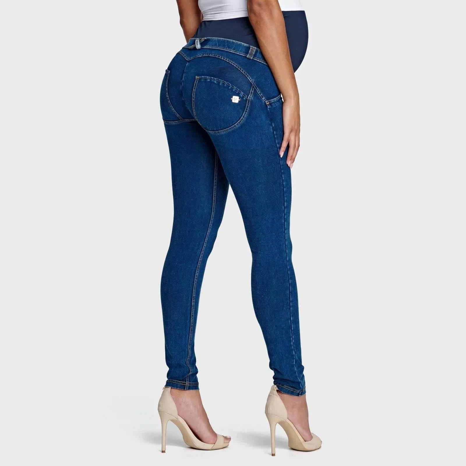 WRUP Maternity Denim Full Length Dark Blue + Yellow Stitching