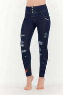 WRUP Ripped Denim with Winged Heart - 3 Button Mid waist - Full Length - Dark Blue + Blue Stitching
