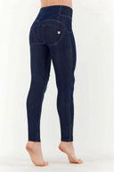 WRUP Ripped Denim with Winged Heart - 3 Button Mid waist - Full Length - Dark Blue + Blue Stitching
