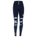 WRUP Ripped Denim with Winged Heart - 3 Button Mid waist - Full Length - Dark Blue + Blue Stitching