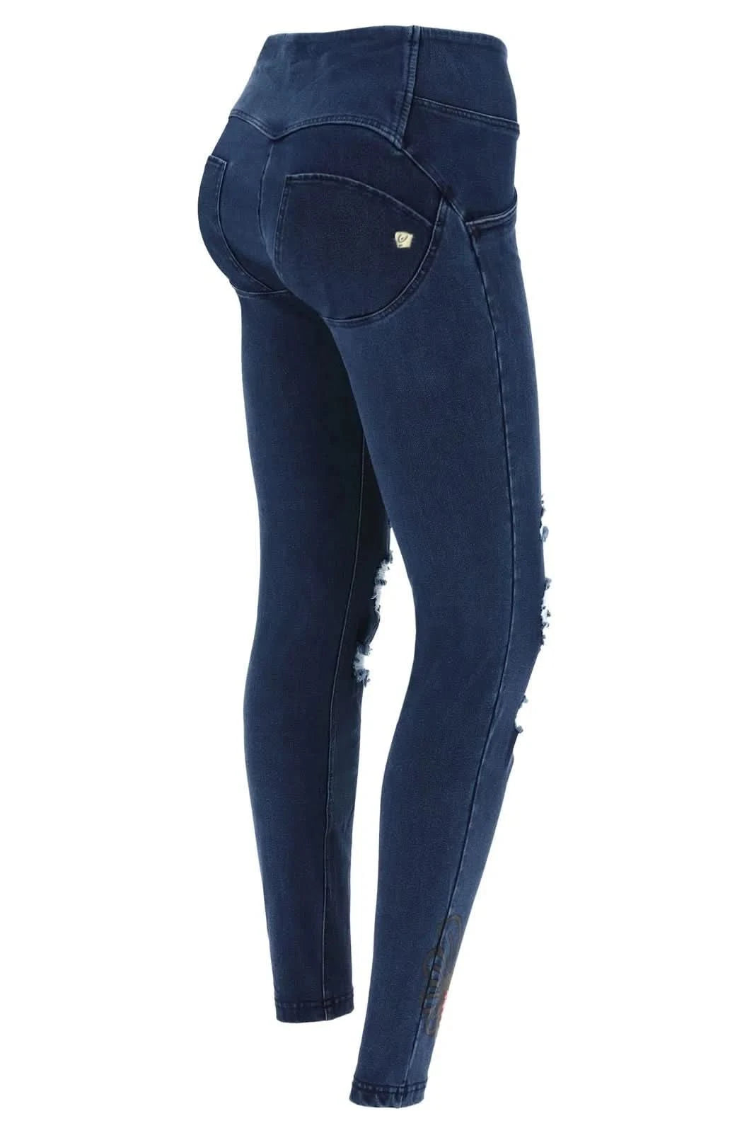 WR.UP® Ripped Denim with Winged Heart - 3 Button Mid waist - Full Length - Dark Blue + Blue Stitching